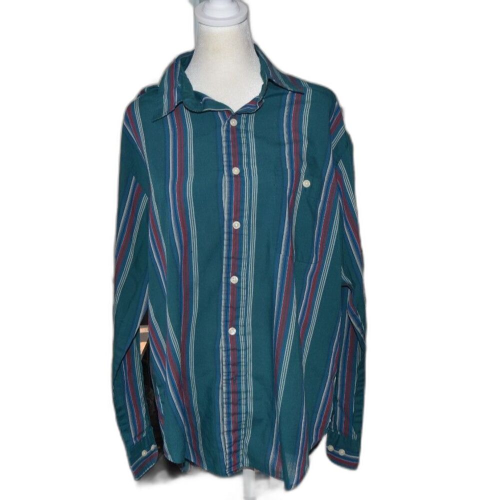 Vintage 90s Towncraft Men’s L Teal Striped Button Front Shirt Long Sleeve